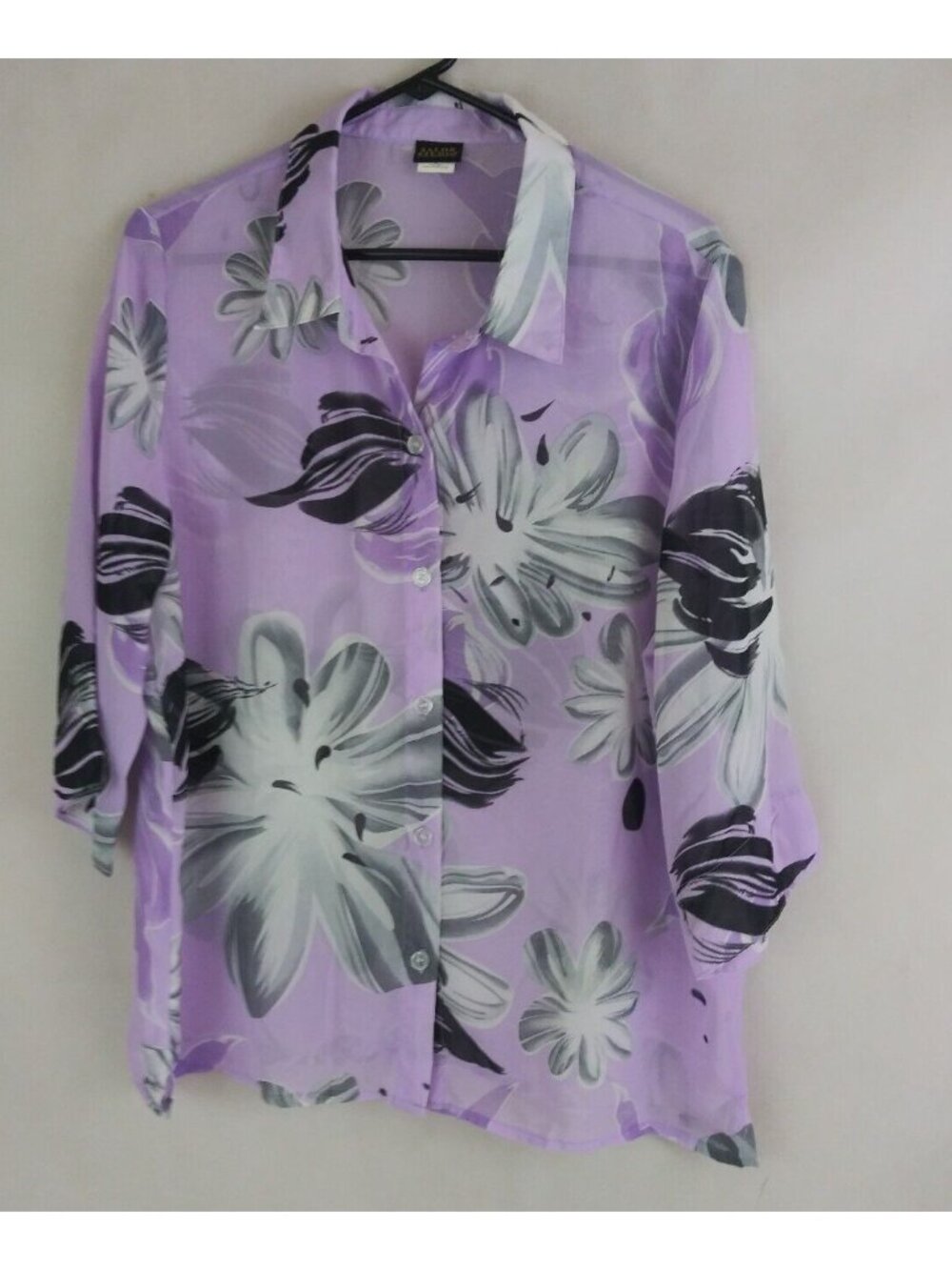 Salon Studio Sheer Lavender Blouse With Gray & Black Floral Designs Size Large